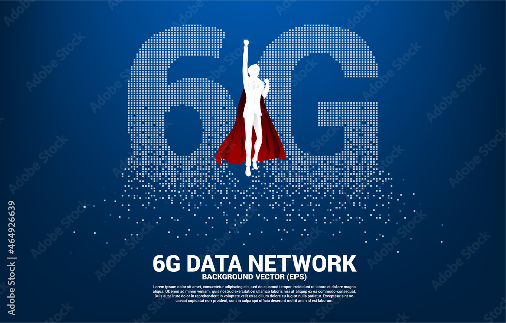 Aufkleber Silhouette of man in superhero suit flying with 6G mobile networking from small square pixel. Concept for mobile sim card technology and network.