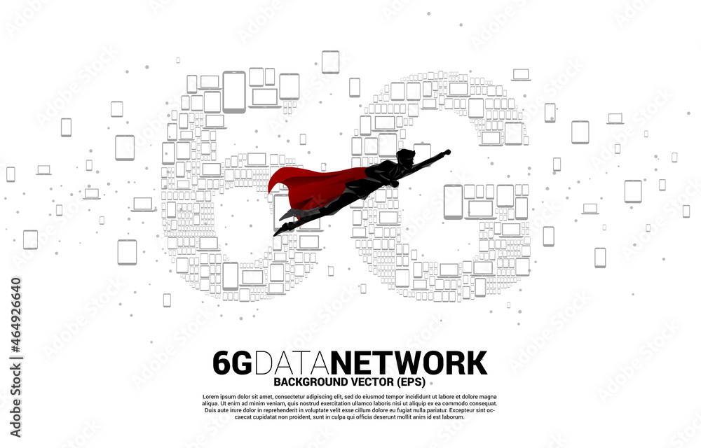 Poster silhouette of man in superhero suit flying with 6g from mobile sim card networking. concept for mobi