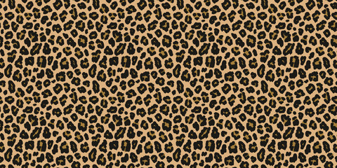 Leopard print. Vector seamless pattern. Animal skin background with black and brown spots on beige backdrop. Abstract exotic safari texture. Jaguar, leo, puma cheetah fur pattern. Repeat design