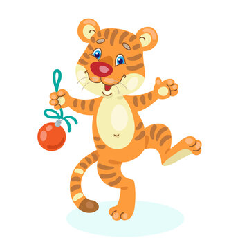 Cute little tiger is dancing with a glass ball. In cartoon style. Isolated on white background. Vector flat illustration.