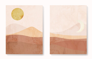 Art abstract aesthetic background with desert dunes sun and moon. Mid Century print for home decor and design