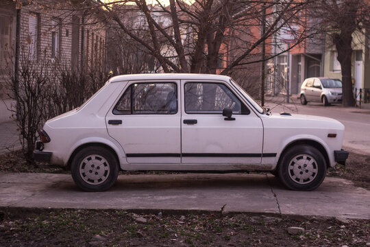 VRSAC, SERBIA - JUNE 9, 2016: Selective blur on white Zastava Yugo 55 car. Also known as Skala, it is a generic name for a family of wintage cars built by Serbian manufacturer Zastava Automobili