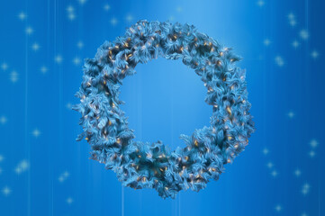 Stylized beautiful blue Christmas wreath on a blue abstract background with stars