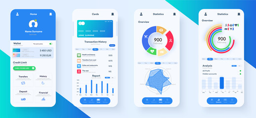 Online banking UI, UX, GUI, KIT template set with payment, tariff.  Bank accounts monitoring, budgeting application for income dynamics account, fund Transfer, bill payment, products details. Vector - obrazy, fototapety, plakaty