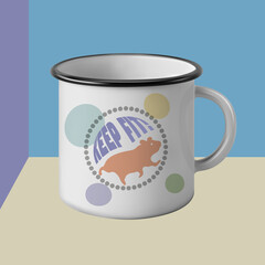 Keep fit. Metal enamel mug with a hamster in a wheel. Print. Example of filling the layout. Mock up. Vector illustration. Isolated chromatic background. 3D rendering
