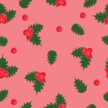 Seamless Christmas pattern with berries and leaves. Texture for wrapping paper. Print for printing. Festive drawing.
