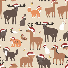 Christmas forest animals seamless pattern in Santa hats. Cartoon isolated vector fox wolf bear cub, elk, deer, fallow deer, hedgehog, hare, duck, duckling, lynx, horse, wild boar