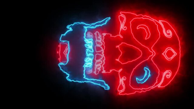 Colored neon skull blink on black background. Vertical video