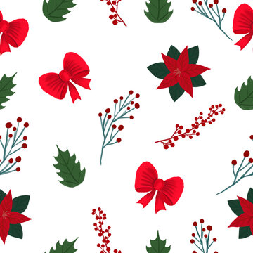 Seamless Christmas pattern with berries and leaves. Texture for wrapping paper. Print for printing. Festive drawing.