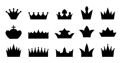 Crown icons silhouettes flat style set. Coronas for prince or princess ring and queen isolated on white background. Decor for website, price tag, products. Object for card. Heraldic element collection