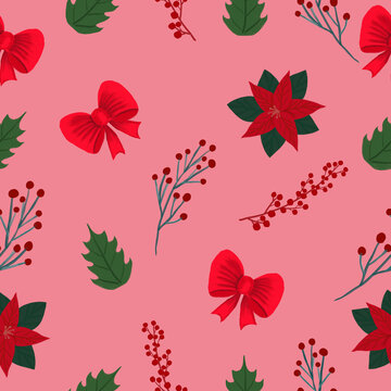 Seamless Christmas pattern with berries and leaves. Texture for wrapping paper. Print for printing. Festive drawing.