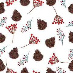 Seamless Christmas pattern with berries and leaves. Texture for wrapping paper. Print for printing. Festive drawing.
