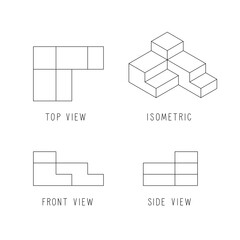 multiview orthographic projection with isometric drawing, top, front and right 2d views of a 3d object, illustration isolated on white