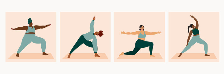 Illustration set of diverse women wearing sportswear doing yoga pose