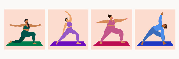 Illustration set of diverse women wearing bright sportswear doing yoga pose