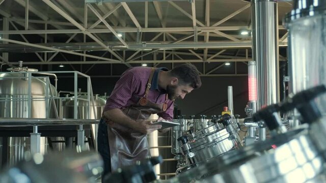 Young male brewer wearing a leather apron supervise the process of beer fermentation at a modern brewery factory
