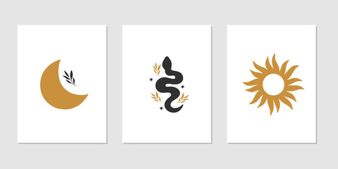 Mystical vector set - sun, snake, crescent moon. Celestial illustration isolated white. Trendy esoteric concept. Witchcraft symbols. Boho modern poster, card, magic t-shirt print. © Alena Koval