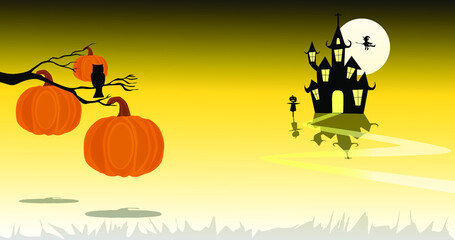 happy halloween horror party concept. special halloween days in autumn october. Pumpkins, haunted house and horror themed design.