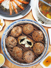 Mushroom-shaped sesame buns on the table