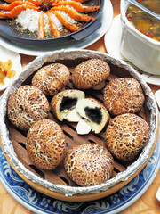 Mushroom-shaped sesame buns on the table
