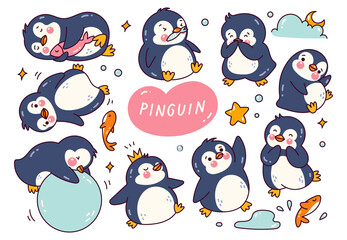 Set of Cartoon Penguin in Doodle Style Vector Illustration