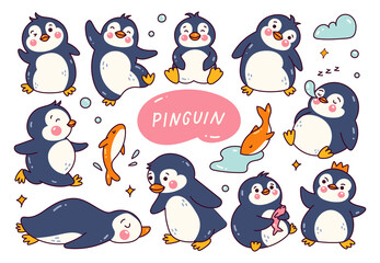 Set of Cartoon Penguin in Doodle Style Vector Illustration
