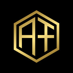 golden initial letter AF hexagon logo design vector