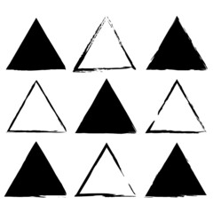 Grunge triangle set. Empty and filled. Geometric figure. Silhouette sign. Abstract art. Vector illustration. Stock image.