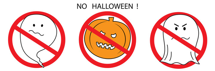 No halloween icon. Prohibited sign. Typography banner. Cartoon style. Pumpkin, ghost. Stock image.