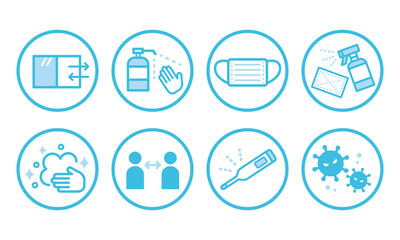 コロナウイルス感染症予のベクターイラスト。アイコンセット。青、水色。感染対策実施。