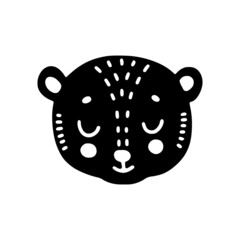 Bear head in Scandinavian style.Creative print with doodles for fabric, poster, postcard, wallpaper, children's clothing. Vector monochrome illustration.