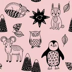 Fotobehang Cute kids Scandinavian seamless pattern with animals. Rabbit, sheep, fox, penguin, owl, mountains and leaves. Cartoon illustration with doodles for baby shower, nursery decor, children design. Vector. © YULIA