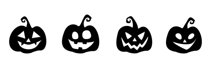 Vector set of black silhouettes of four jack-o'-lanterns (Halloween pumpkins) isolated on a white background.