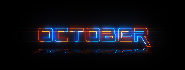 Futuristic Blue Orange October Lettering Neon Sign Horizontal Luminescence Banner With Light Reflections Against Black Background