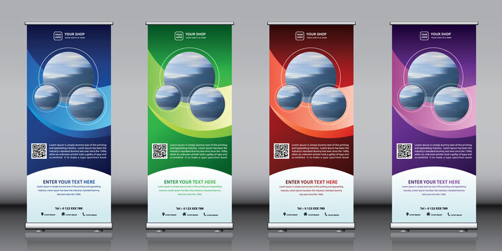 Roll up banner design collection with red green blue purple colorful artwork and 3 images. Editable vertical template vector set, modern standee and flag banner