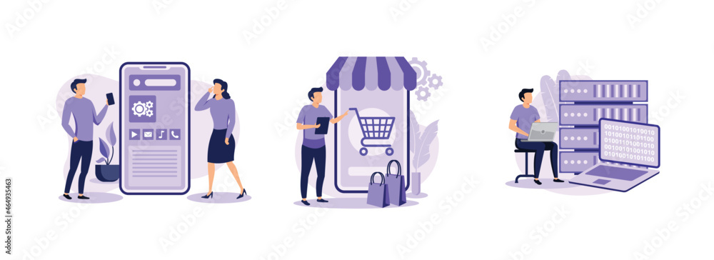 Poster mobile application development, ecomerce aplication, big data. commercial software abstract concept 