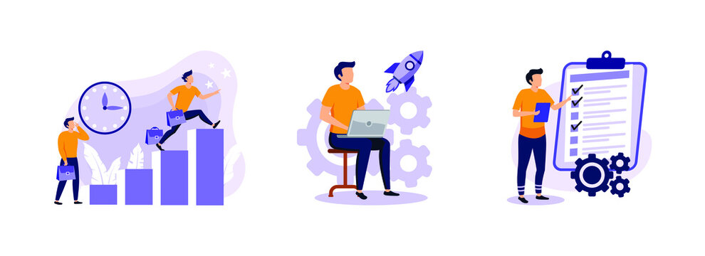 Self Management, Productivity, Time Mnagement. Employee performance and self-organization abstract concept vector illustration set