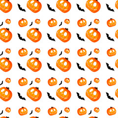 Seamless halloween pattern with pumpkins and bats on a white background