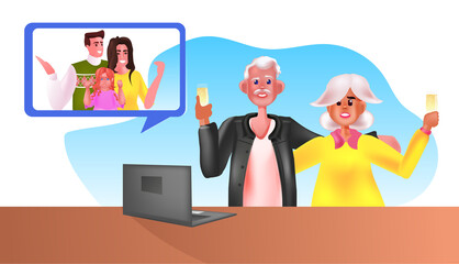 young family having virtual meeting with grandparents during video call chat online conference communication concept horizontal portrait vector illustration