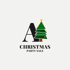 letter A with christmas tree decoration for celebrating december sale or party initial icon