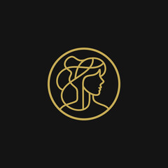 Female line style illustration. Vector logo, emblem, label design set. Concept for beauty salon, makeup cosmetic, haircare, cosmetology and spa. Golden outline label with womens face