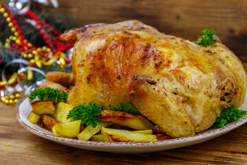 Baked whole chicken with potato and Christmas decorations on a wooden table
