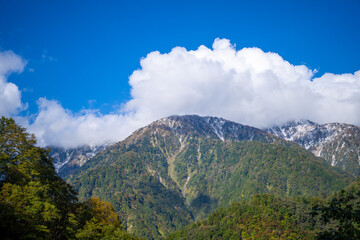 富山県上市町にある雪が積もった晩秋のクズバ山の登山道から剣岳、大日岳、猫又山などを見る風景 A view of Mt. Kuzuba with snow on the trail in late autumn in Kamiichi Town, Toyama Prefecture, looking at Mt.Tsurugi, Mount Dainichi.