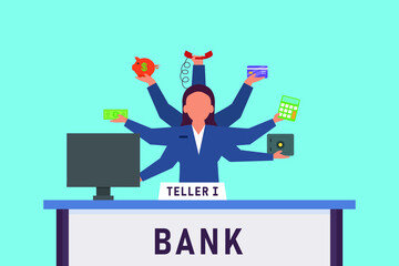 Multitasking vector concept. Bank teller doing multitask with many hands while working with a computer in the office