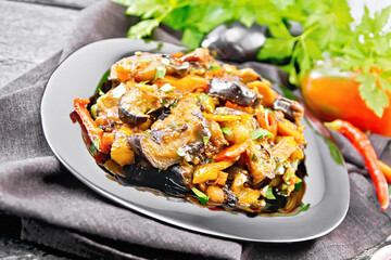 Ragout with eggplant and pepper on towel