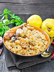 Pilaf with duck and quince in plate on napkin
