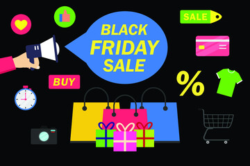 Obraz premium Black friday vector concept. Hand animation holding a megaphone to announcing black friday sale promotion with gift boxes and shopping bags