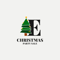 letter E with christmas tree decoration for celebrating december sale or party initial icon