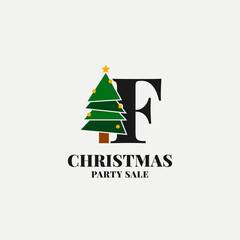 letter F with christmas tree decoration for celebrating december sale or party initial icon
