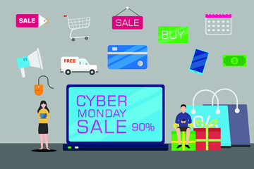Cyber monday sale vector concept. Two young people using a laptop while shopping online on cyber monday sale